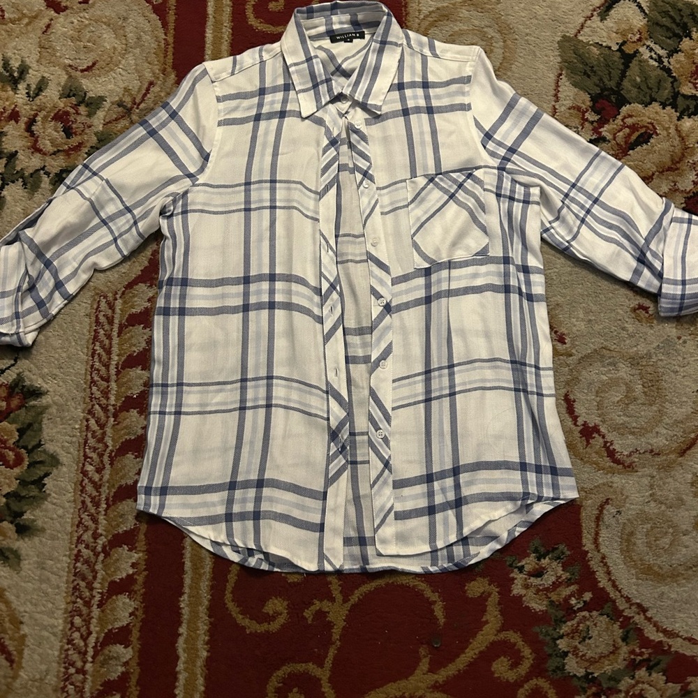 Women's Blue and White Plaid Button Down Shirt